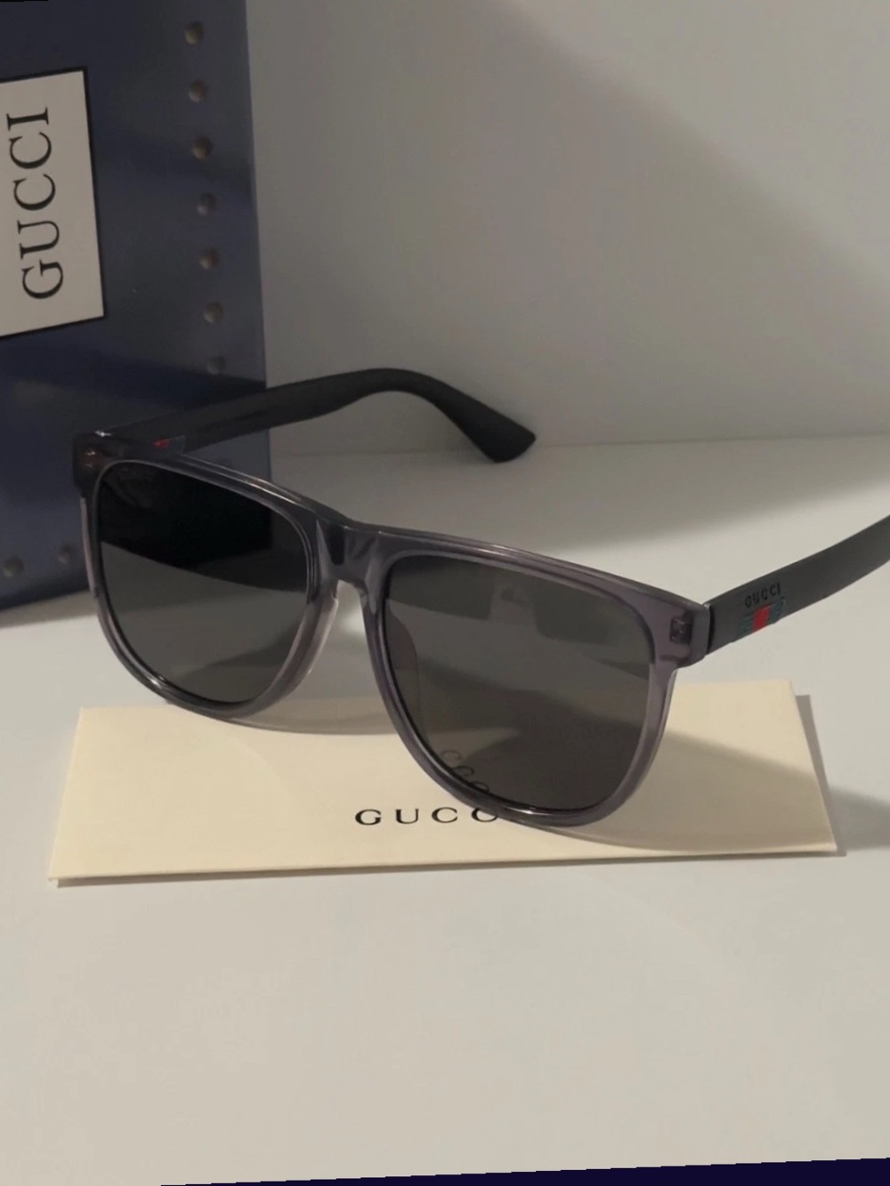 Gucci Gray Frame Black Lens Sunglasses with Signature Stripe